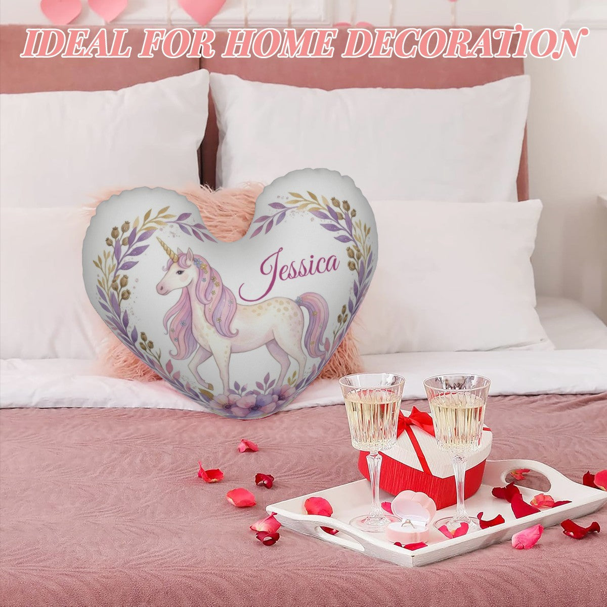 Personalized Unicorn Heart Pillow – Custom Name Gift – Cotton Filling Included
