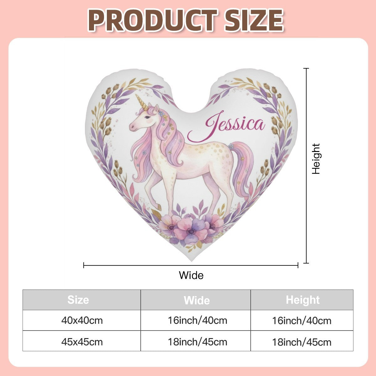 Personalized Unicorn Heart Pillow – Custom Name Gift – Cotton Filling Included