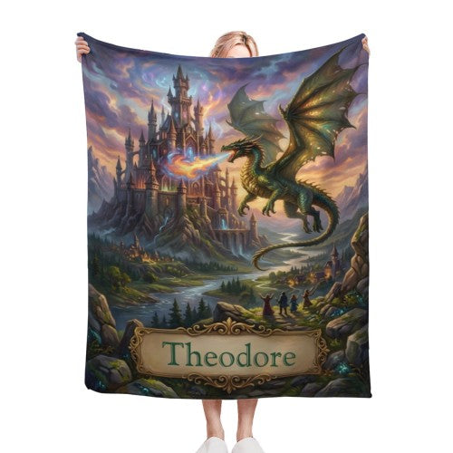 Personalized Dragon Castle Blanket – Custom Name Fantasy Throw for Boys, Girls & Dragon Lovers