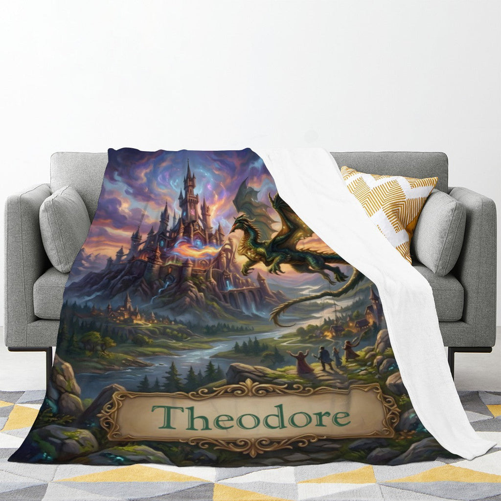 Personalized Dragon Castle Blanket – Custom Name Fantasy Throw for Boys, Girls & Dragon Lovers