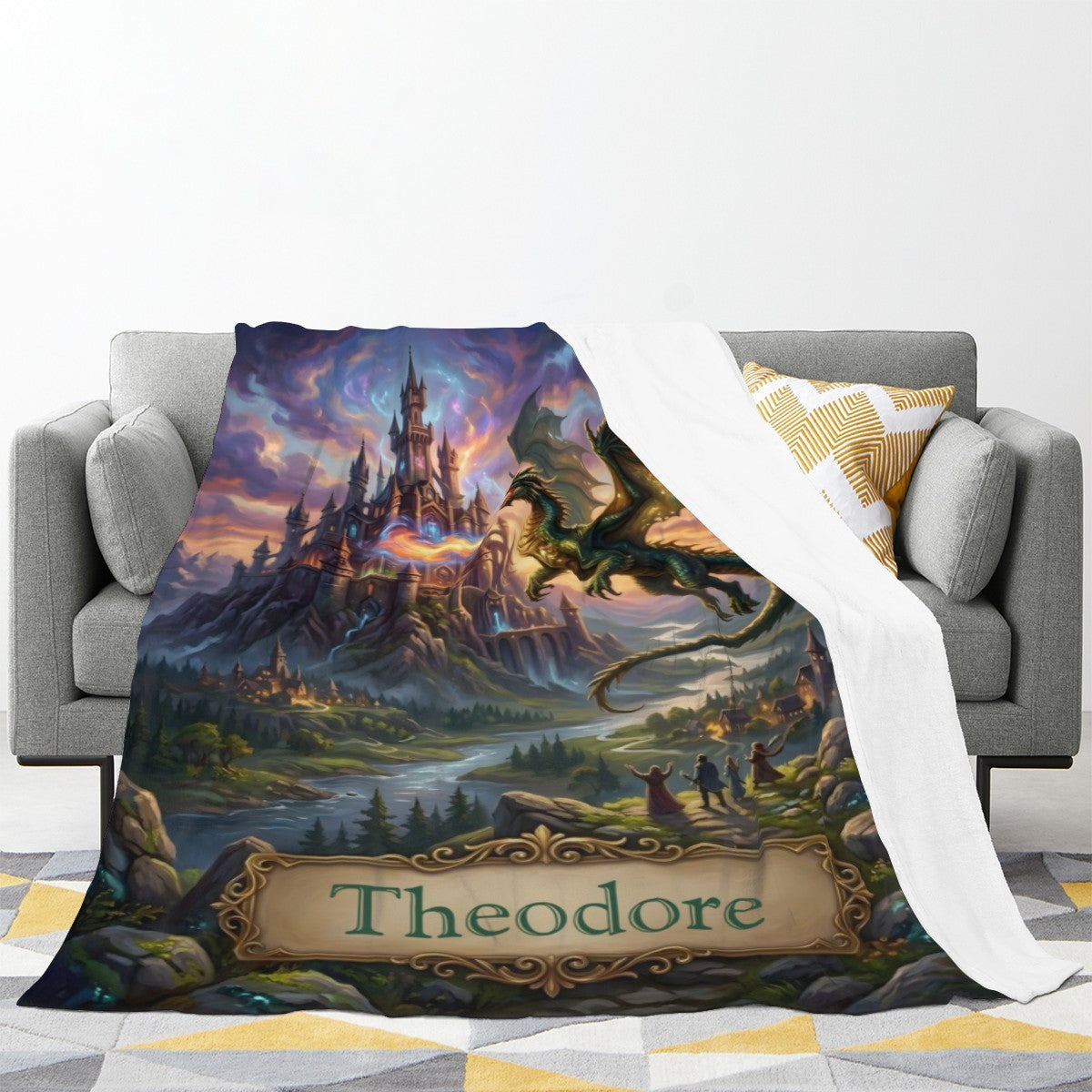 Personalized Dragon Castle Blanket – Custom Name Fantasy Throw for Boys, Girls & Dragon Lovers