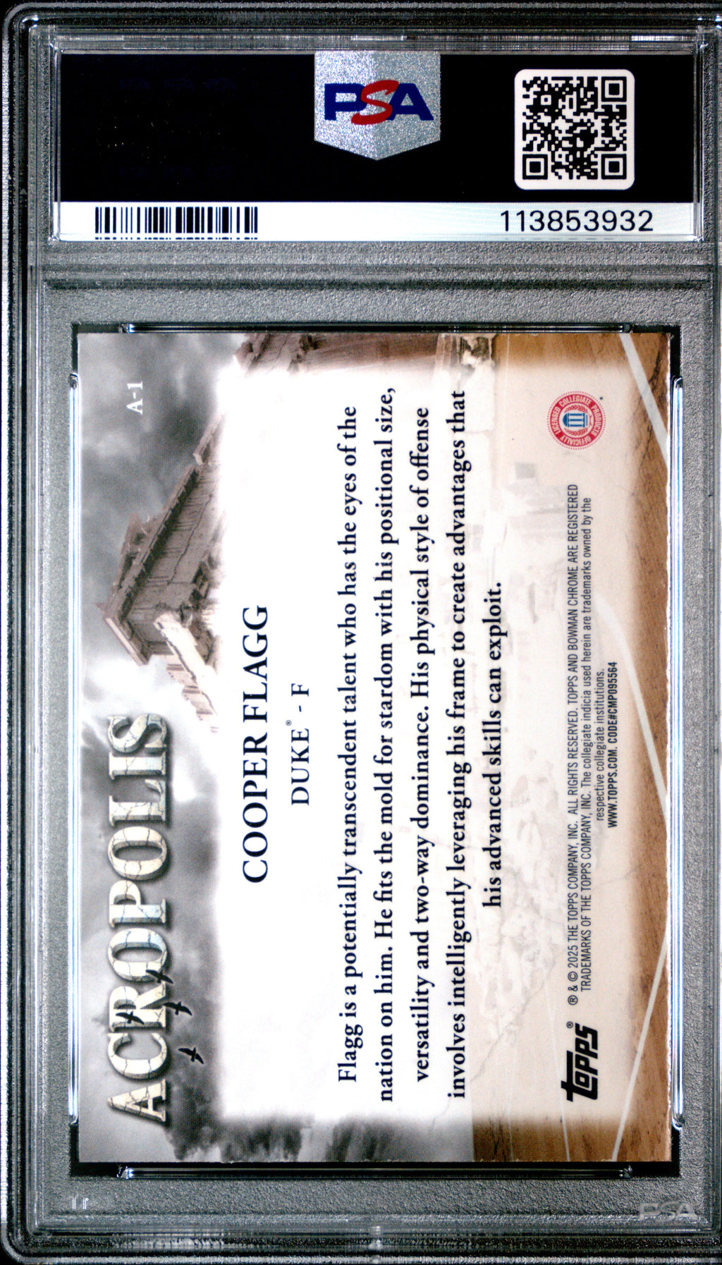 Graded 2024 Topps Bowman Chrome U Cooper Flagg #A1 Acroplis Rookie RC Basketball Card PSA 10 Gem Mint