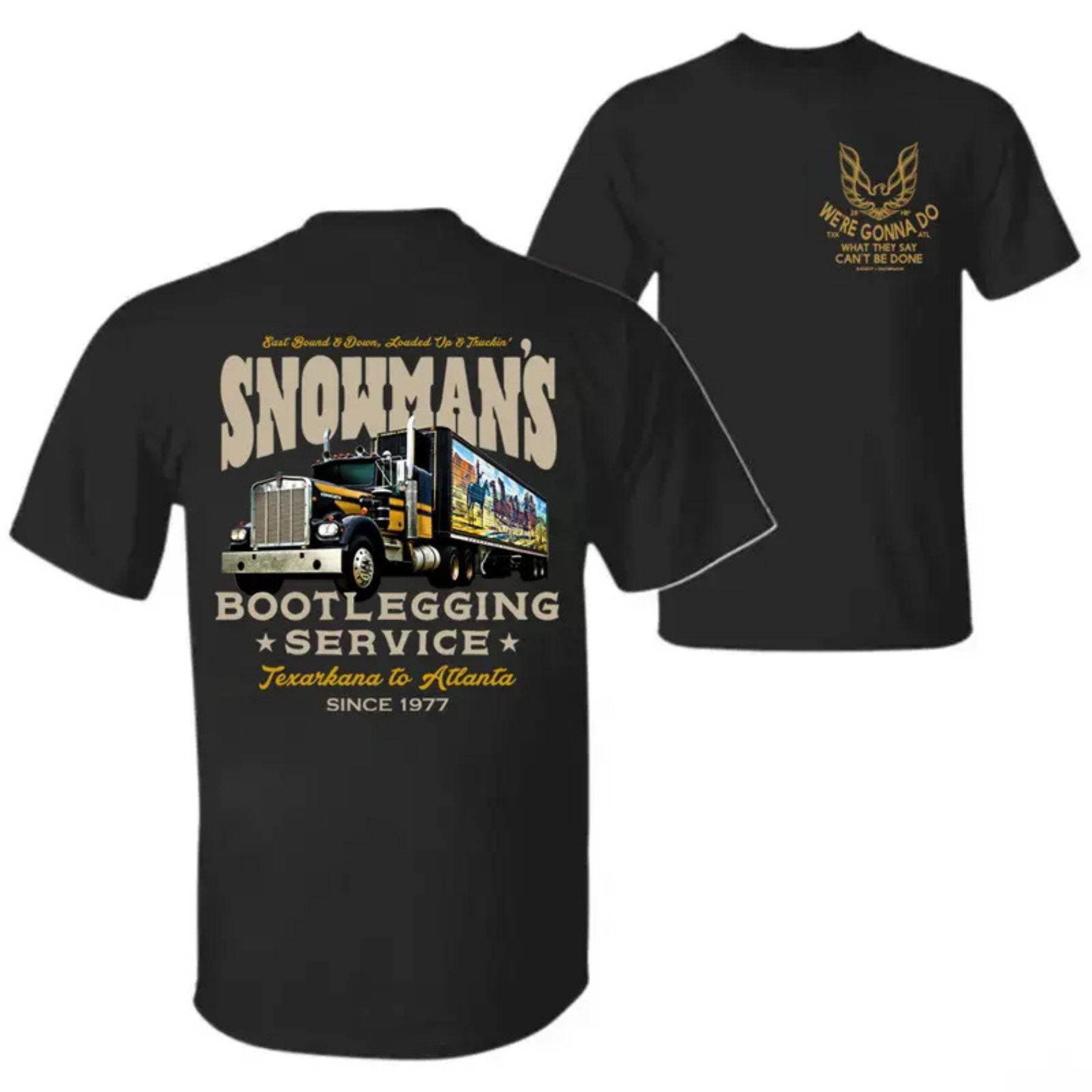 Snowman's Bootlegging Service T-Shirt – Smokey and the Bandit Truck Graphic Tee, Retro 70s Movie Icon Top, Made in USA