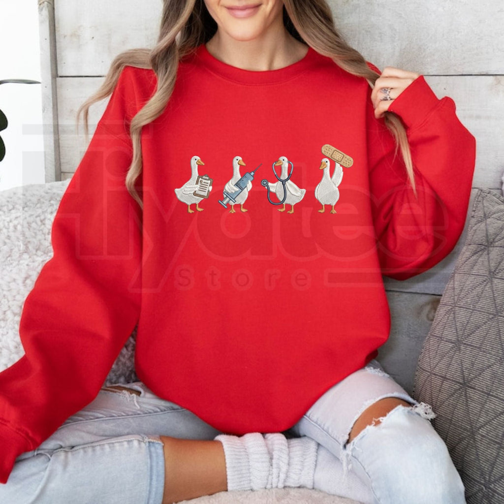 Embroidered Medical Duck Sweatshirt – Cute Nurse Duck Crewneck, Funny Healthcare Worker & Nursing Student Gift