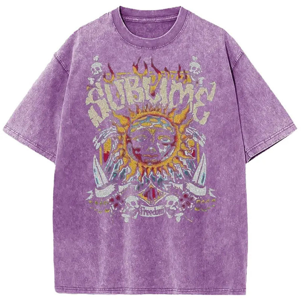 Sun Pattern Acid Washed T-Shirt – Oversized Unisex Vintage Graphic Tee