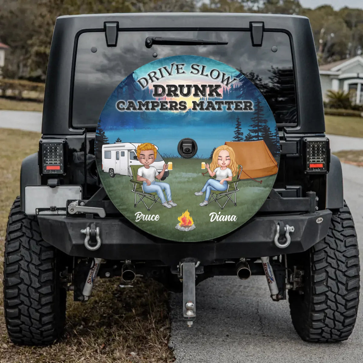 Custom Personalized Couple Camping Spare Tire Cover - Valentine's Day Gift Idea For Couple - Drive Slow Drunk Campers Matter