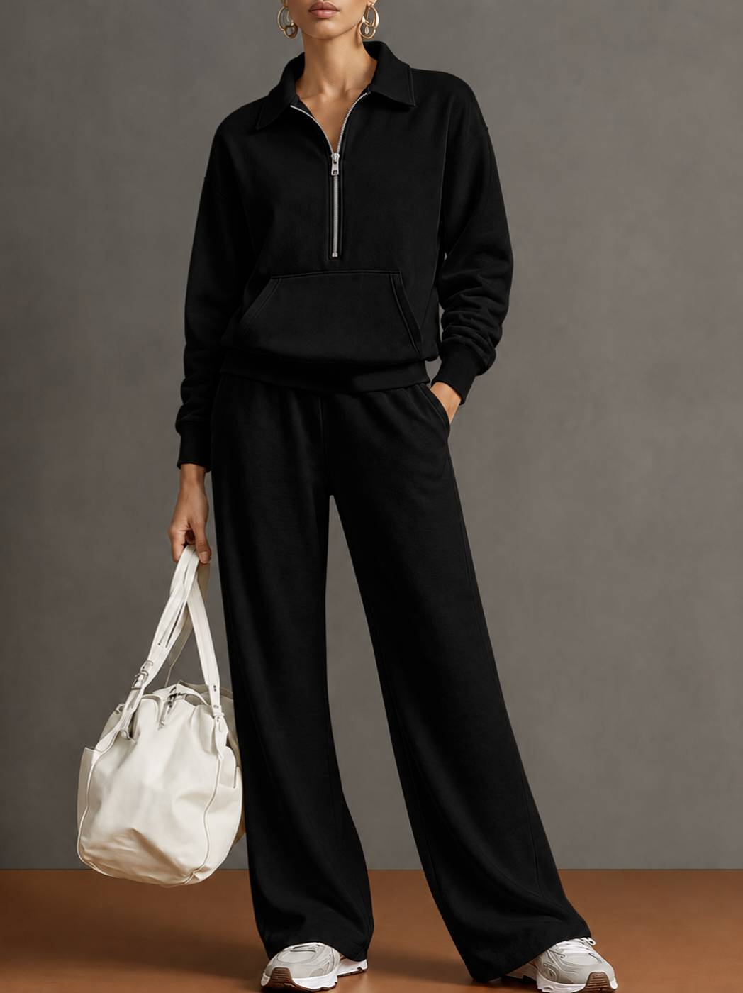 Autumn And Winter New Cross-Border European And American Women's Clothing Lapel Half-Zip Sweatshirt Loose Casual Wide-Leg Pants Two-Piece Set For Women