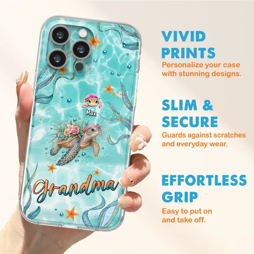 Custom Personalized Grandma Ocean Turtles Phone Case - Gift Idea For Grandma/ Mom - Up to 10 Kids - Case For iPhone/ Samsung