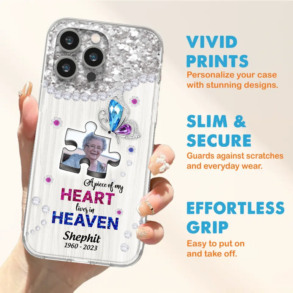Custom Personalized Memorial Phone Case - Upload Photo - Memorial Gift Idea For Family Member -  A Piece Of My Heart Lives In Heaven - Case for iPhone/ Samsung