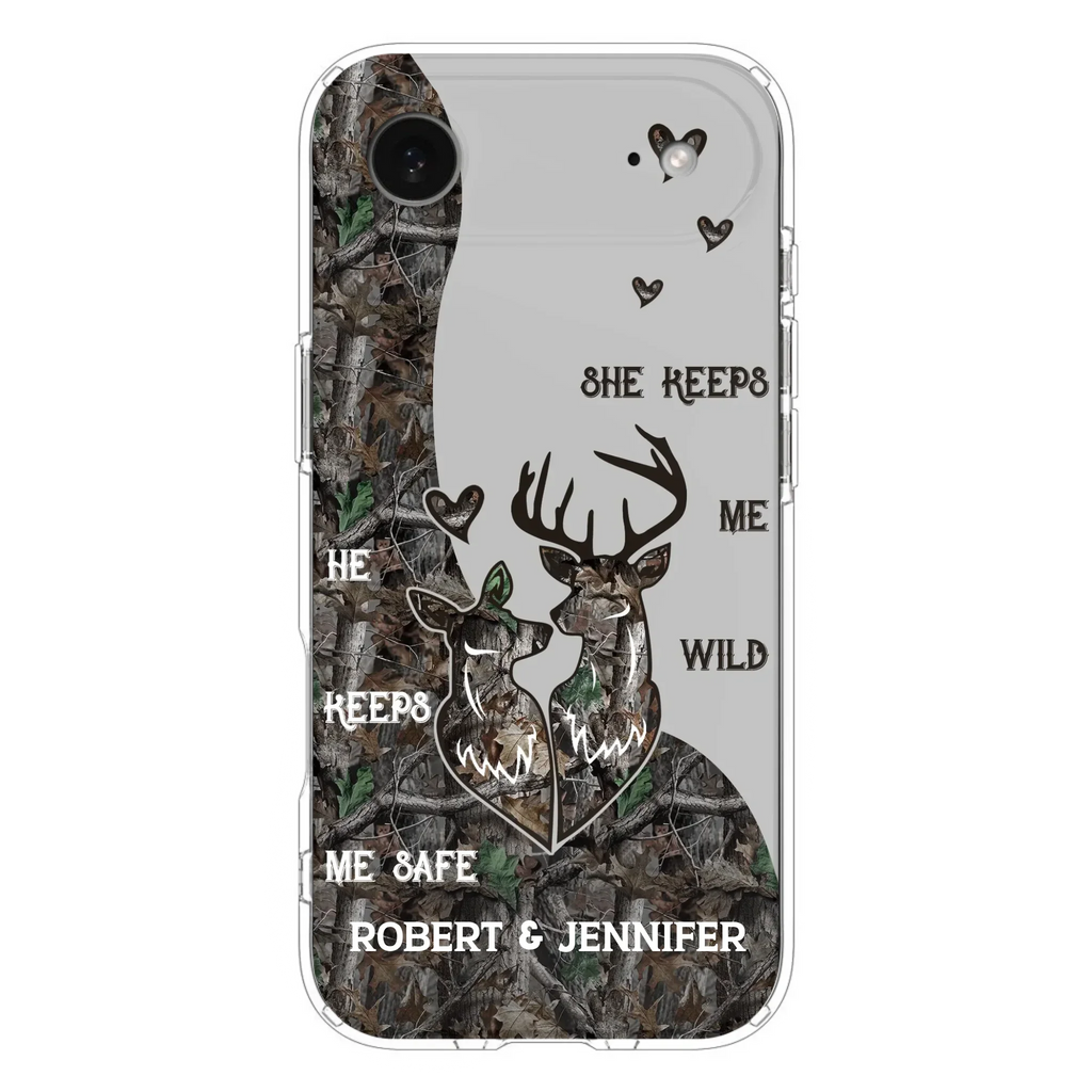 Custom Personalized Deer Couple Phone Case - Gift Idea For Couple - He Keeps Me Safe She Keeps Me Wild - Case For iPhone/Samsung