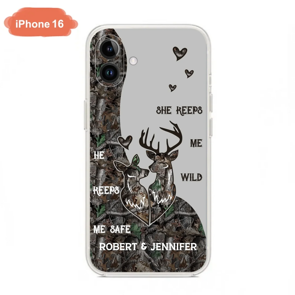 Custom Personalized Deer Couple Phone Case - Gift Idea For Couple - He Keeps Me Safe She Keeps Me Wild - Case For iPhone/Samsung
