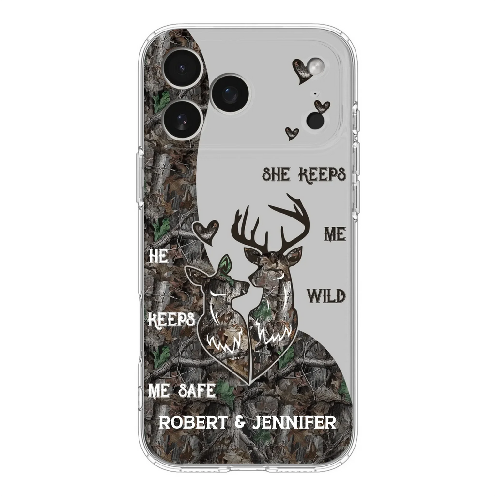 Custom Personalized Deer Couple Phone Case - Gift Idea For Couple - He Keeps Me Safe She Keeps Me Wild - Case For iPhone/Samsung