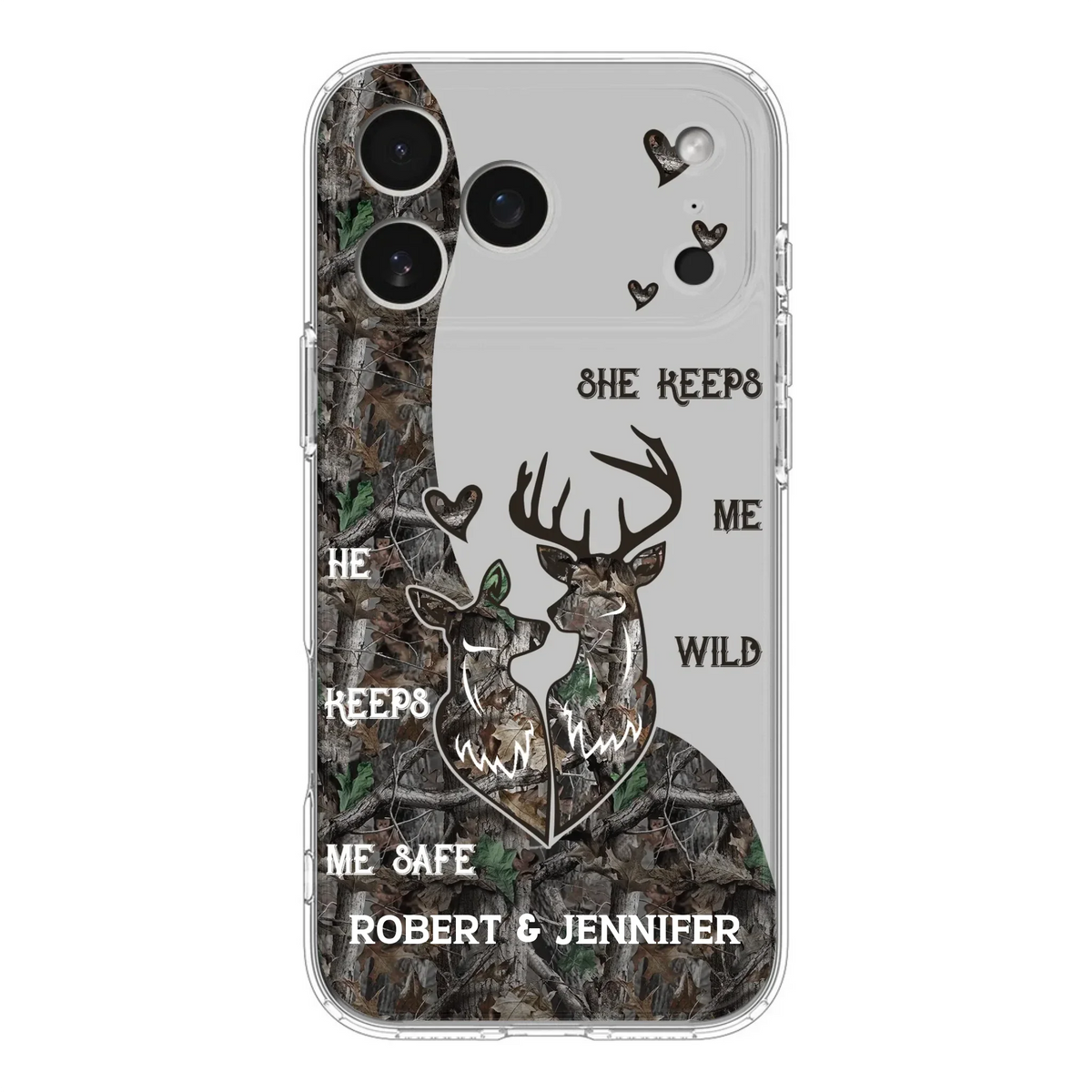 Custom Personalized Deer Couple Phone Case - Gift Idea For Couple - He Keeps Me Safe She Keeps Me Wild - Case For iPhone/Samsung