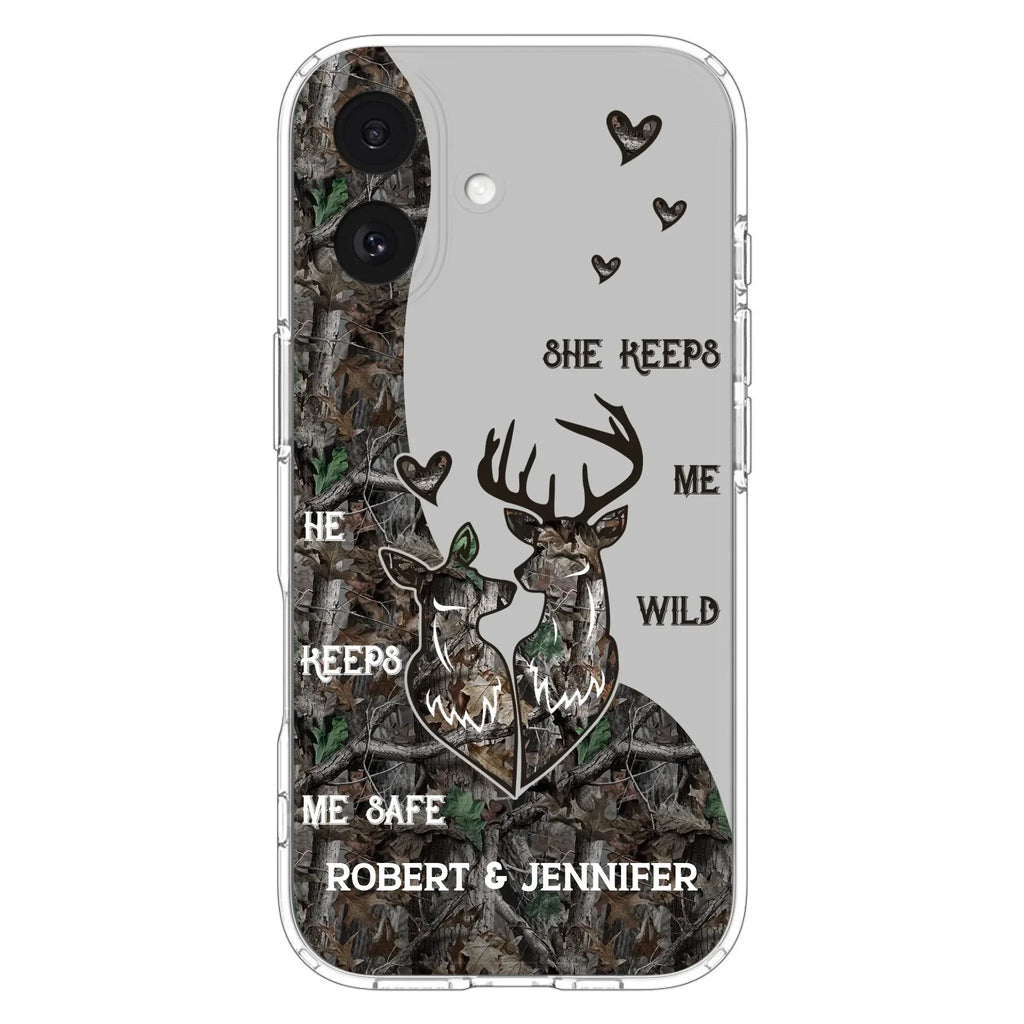 Custom Personalized Deer Couple Phone Case - Gift Idea For Couple - He Keeps Me Safe She Keeps Me Wild - Case For iPhone/Samsung