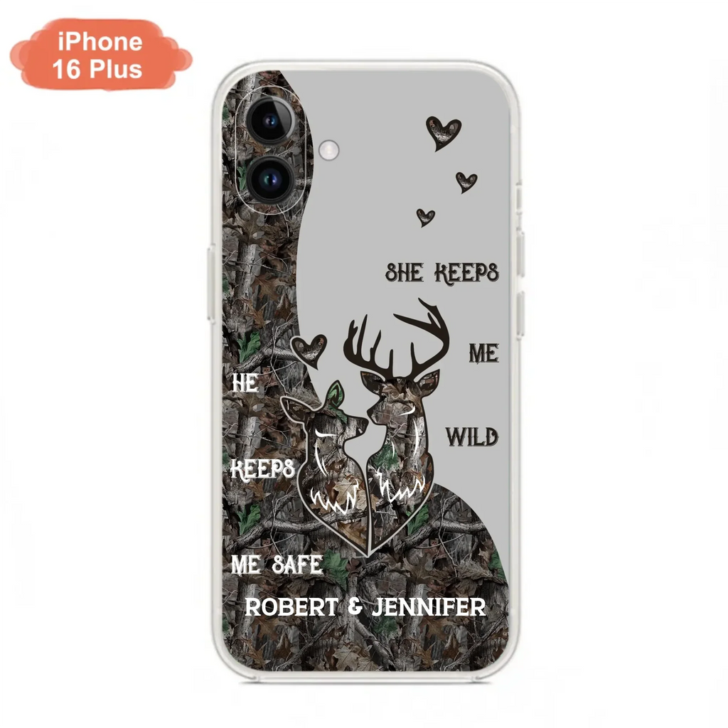 Custom Personalized Deer Couple Phone Case - Gift Idea For Couple - He Keeps Me Safe She Keeps Me Wild - Case For iPhone/Samsung