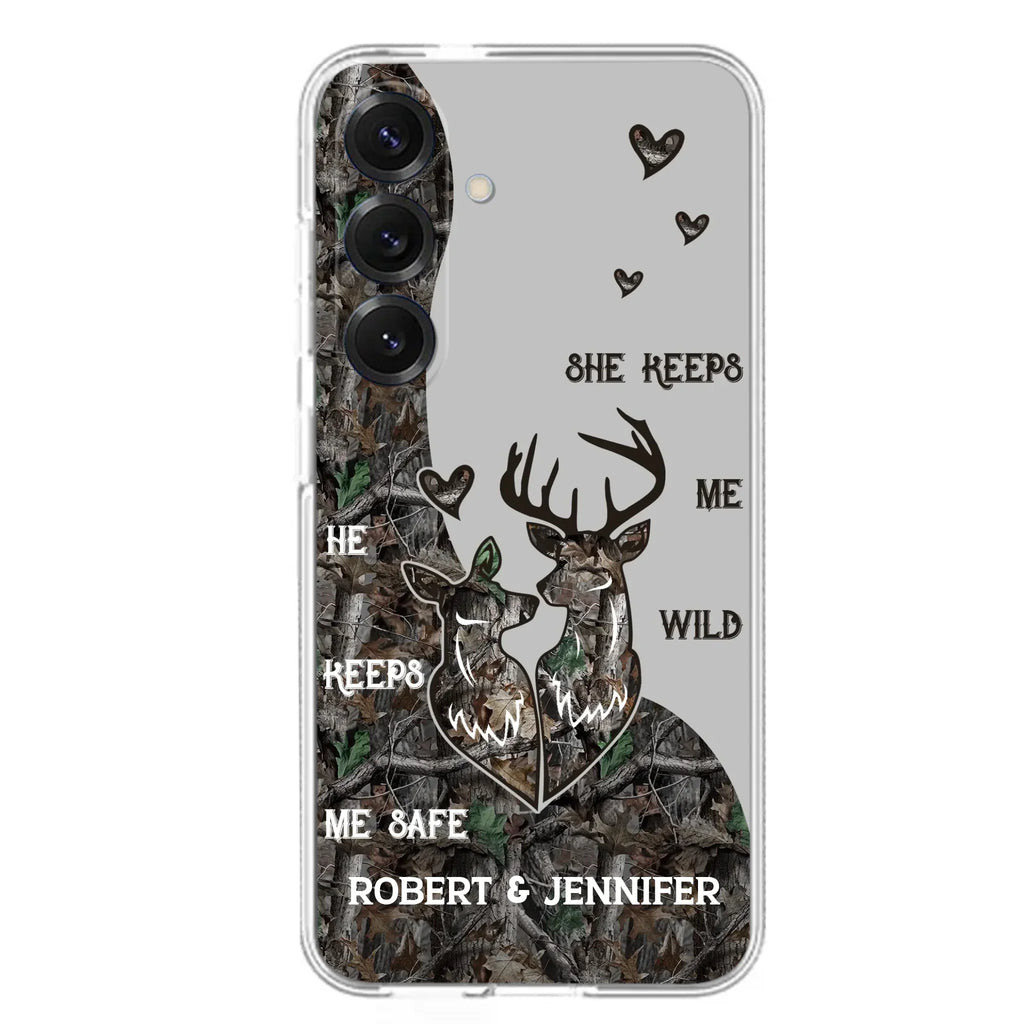 Custom Personalized Deer Couple Phone Case - Gift Idea For Couple - He Keeps Me Safe She Keeps Me Wild - Case For iPhone/Samsung