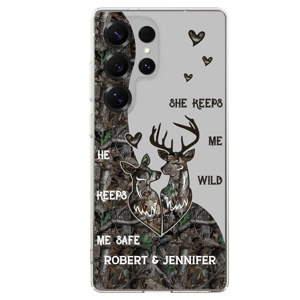 Custom Personalized Deer Couple Phone Case - Gift Idea For Couple - He Keeps Me Safe She Keeps Me Wild - Case For iPhone/Samsung