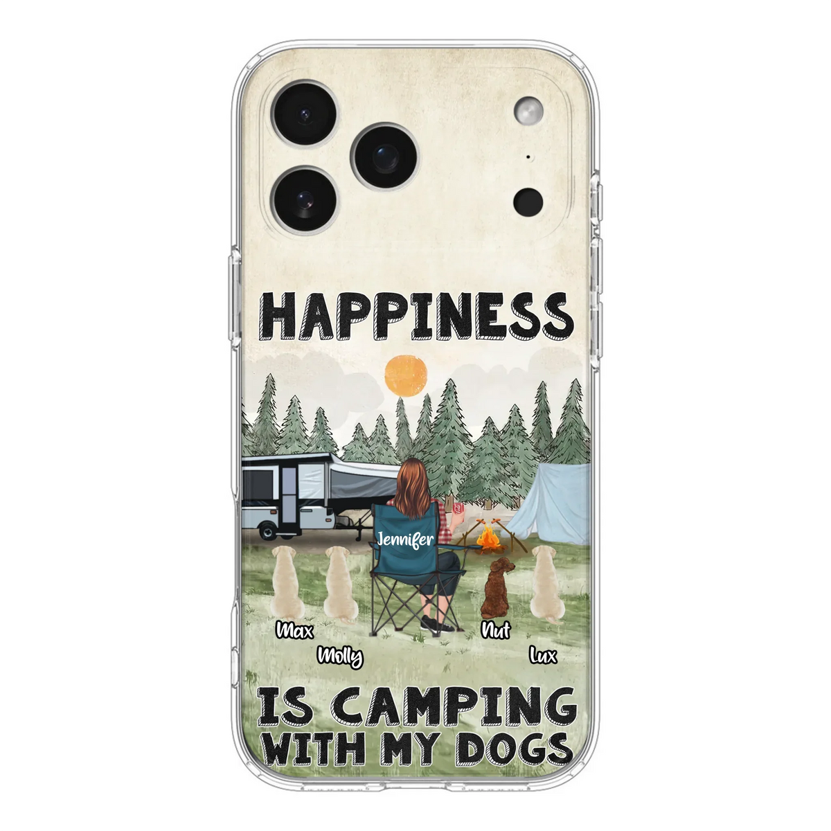Personalized Camping Phone Case - Gift Idea For Girl & Dogs - Upto 4 Dogs - Happiness Is Camping With My Dogs - Case For iPhone/Samsung