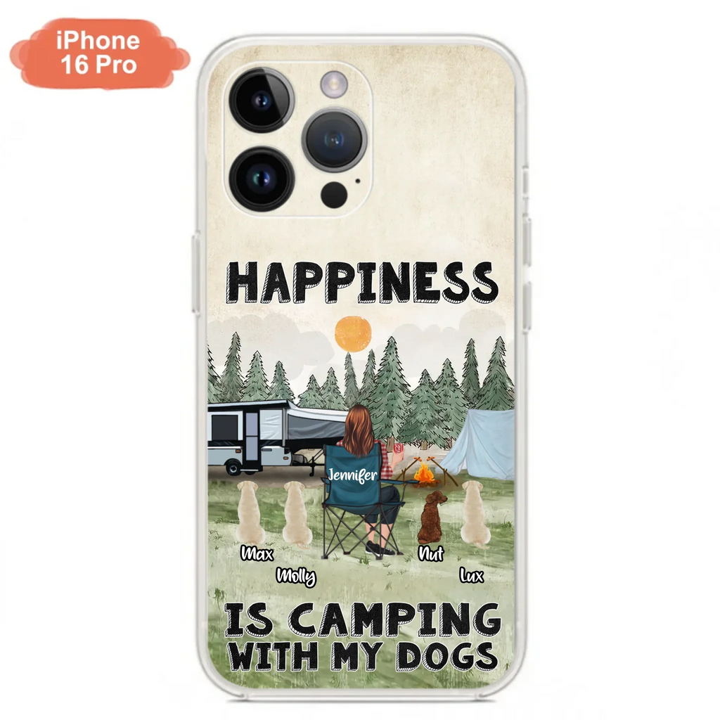 Personalized Camping Phone Case - Gift Idea For Girl & Dogs - Upto 4 Dogs - Happiness Is Camping With My Dogs - Case For iPhone/Samsung
