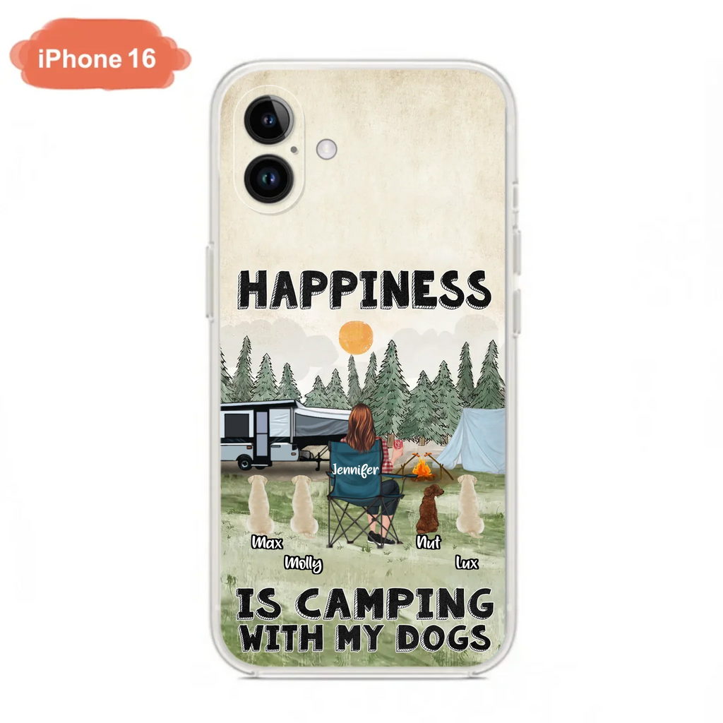 Personalized Camping Phone Case - Gift Idea For Girl & Dogs - Upto 4 Dogs - Happiness Is Camping With My Dogs - Case For iPhone/Samsung