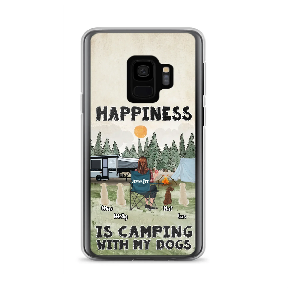 Personalized Camping Phone Case - Gift Idea For Girl & Dogs - Upto 4 Dogs - Happiness Is Camping With My Dogs - Case For iPhone/Samsung