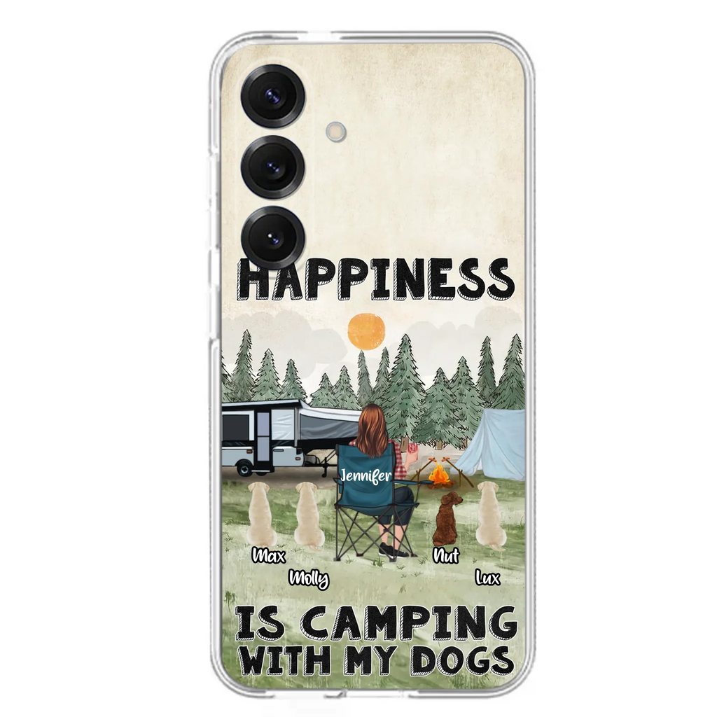 Personalized Camping Phone Case - Gift Idea For Girl & Dogs - Upto 4 Dogs - Happiness Is Camping With My Dogs - Case For iPhone/Samsung