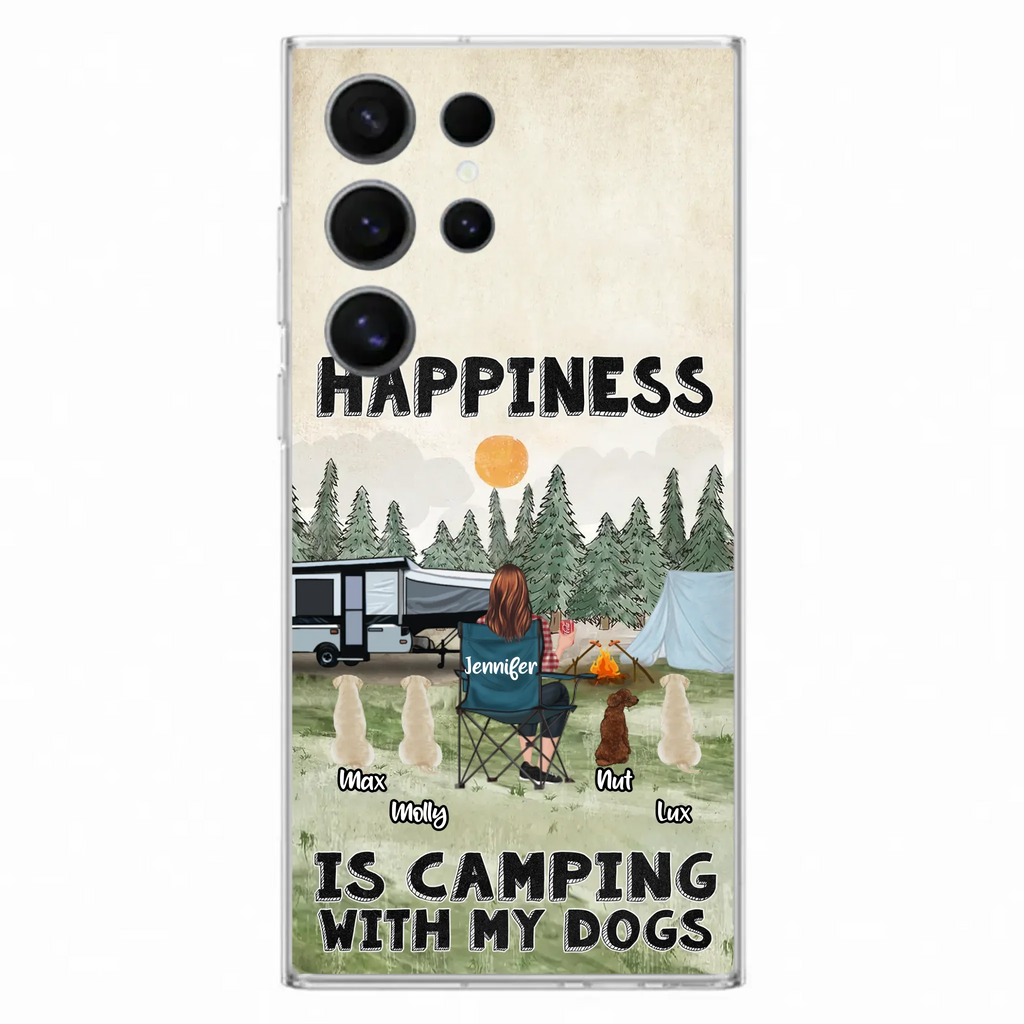 Personalized Camping Phone Case - Gift Idea For Girl & Dogs - Upto 4 Dogs - Happiness Is Camping With My Dogs - Case For iPhone/Samsung