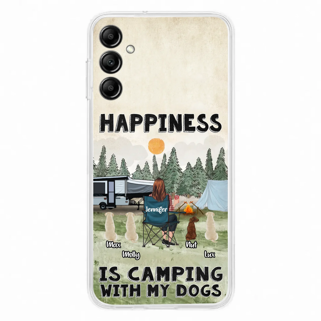 Personalized Camping Phone Case - Gift Idea For Girl & Dogs - Upto 4 Dogs - Happiness Is Camping With My Dogs - Case For iPhone/Samsung