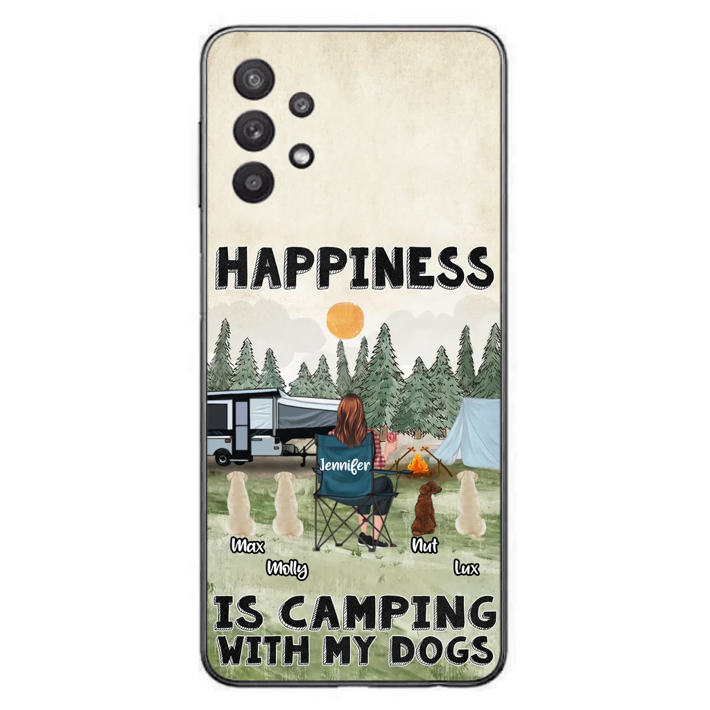 Personalized Camping Phone Case - Gift Idea For Girl & Dogs - Upto 4 Dogs - Happiness Is Camping With My Dogs - Case For iPhone/Samsung