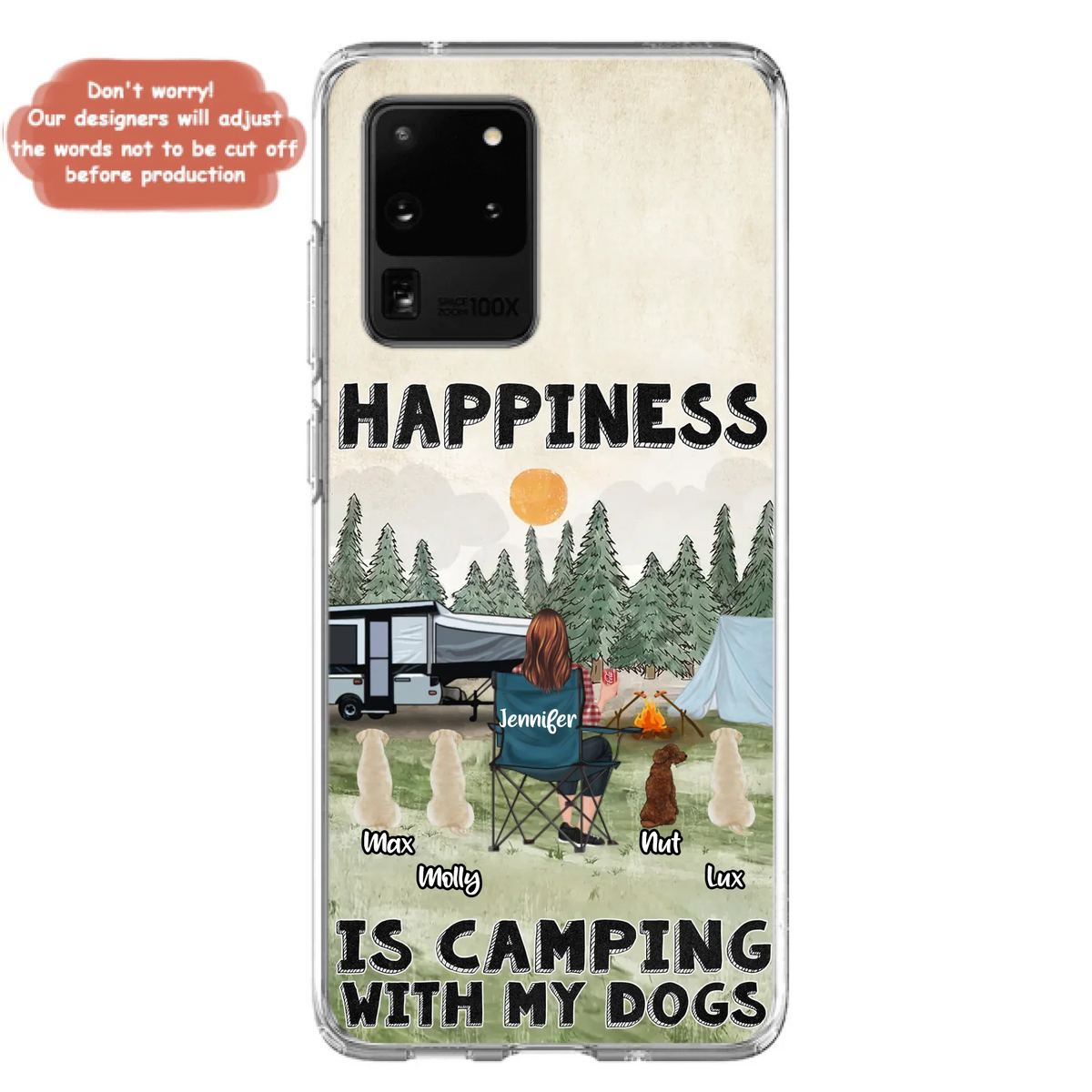 Personalized Camping Phone Case - Gift Idea For Girl & Dogs - Upto 4 Dogs - Happiness Is Camping With My Dogs - Case For iPhone/Samsung