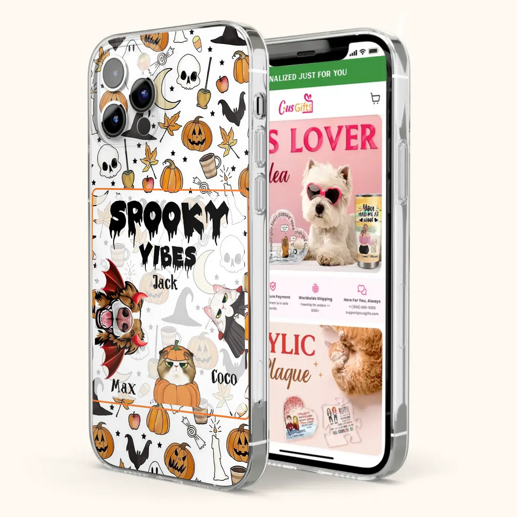Custom Personalized Halloween Pet Phone Case - Upto 3 Pets - Gift Idea For Dog/Cat Owners -  Spooky Vibes - Case for iPhone/Samsung