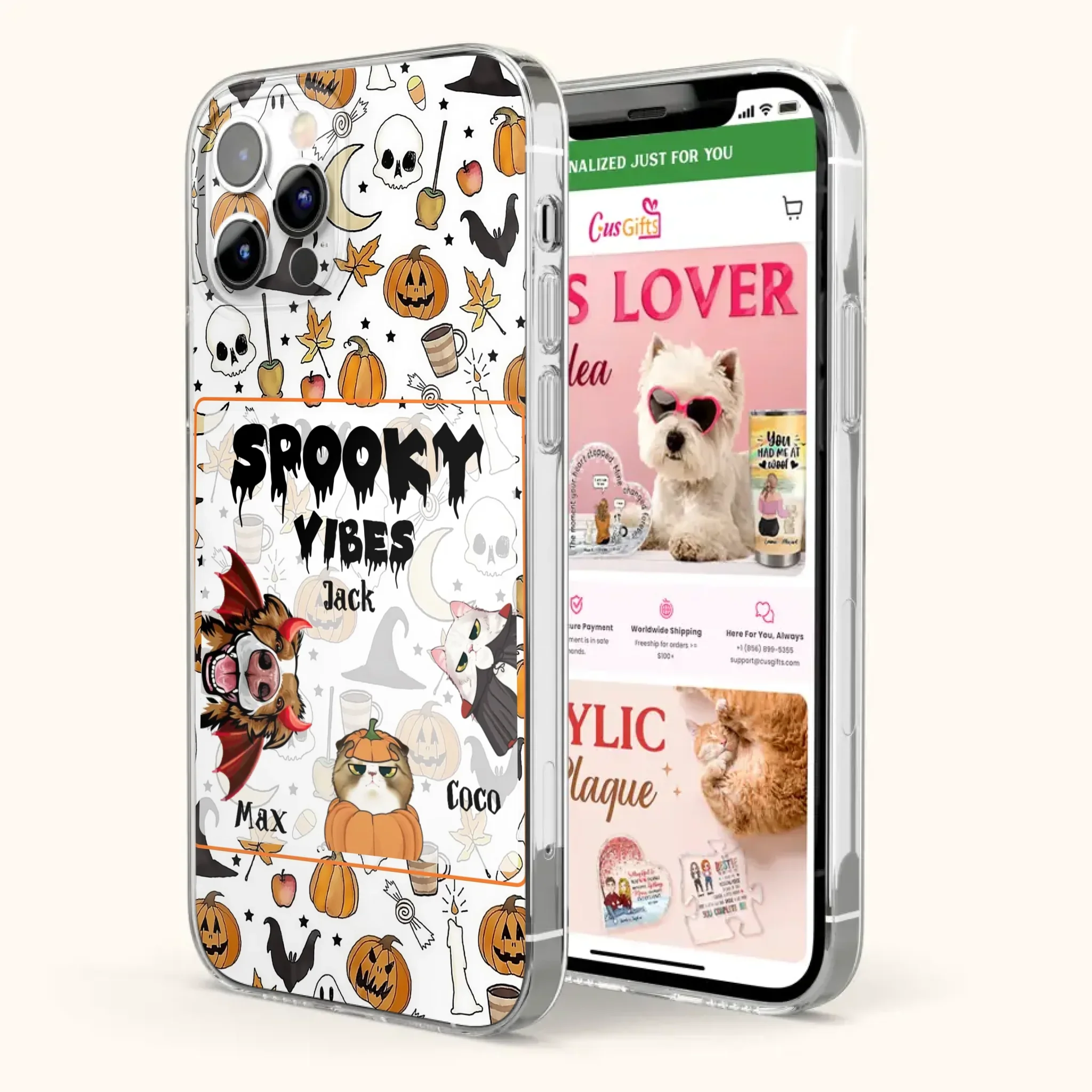Custom Personalized Halloween Pet Phone Case - Upto 3 Pets - Gift Idea For Dog/Cat Owners -  Spooky Vibes - Case for iPhone/Samsung