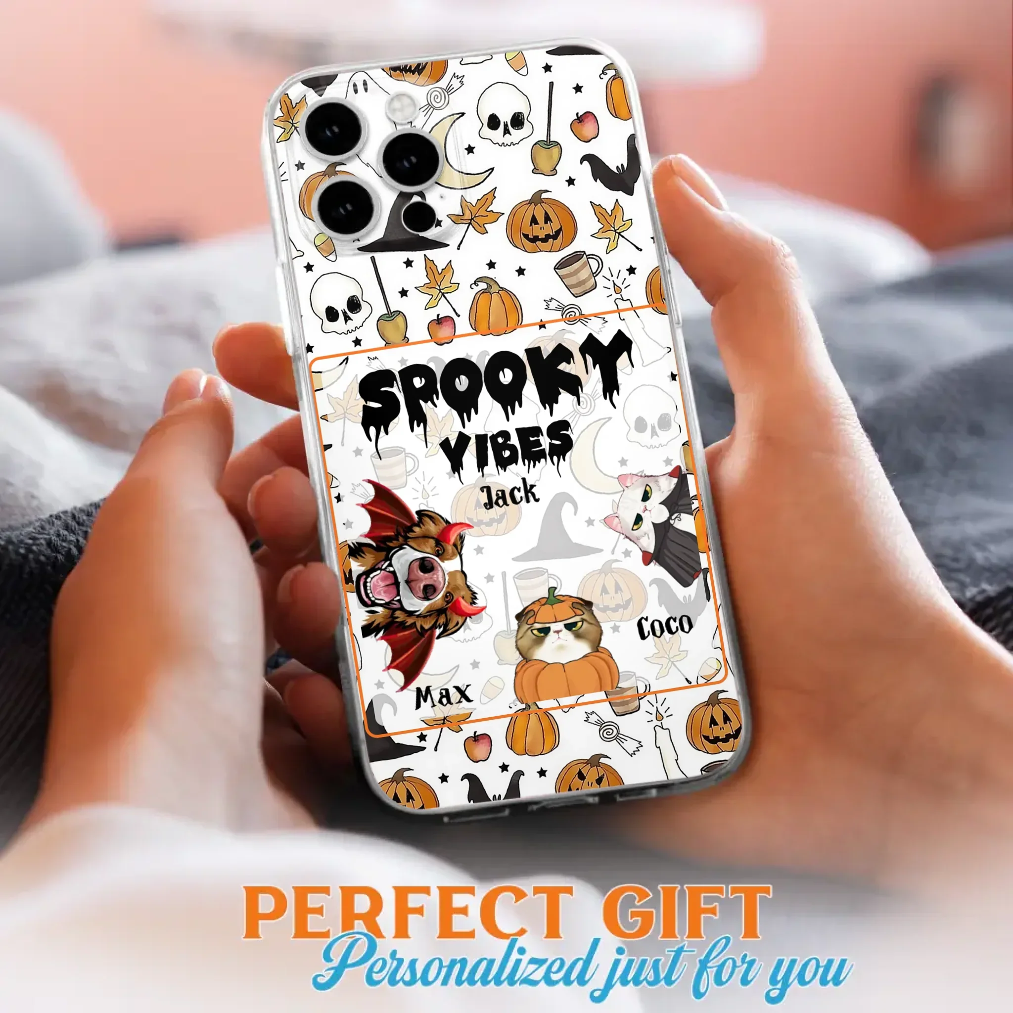 Custom Personalized Halloween Pet Phone Case - Upto 3 Pets - Gift Idea For Dog/Cat Owners -  Spooky Vibes - Case for iPhone/Samsung