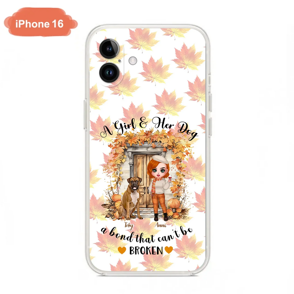 Custom Personalized Fall And Dogs Phone Case - Gift Idea for Dog Lovers - Upto 6 Dogs - A Girl & Her Dogs A Bond That Can't Be Broken - Case For iPhone And Samsung
