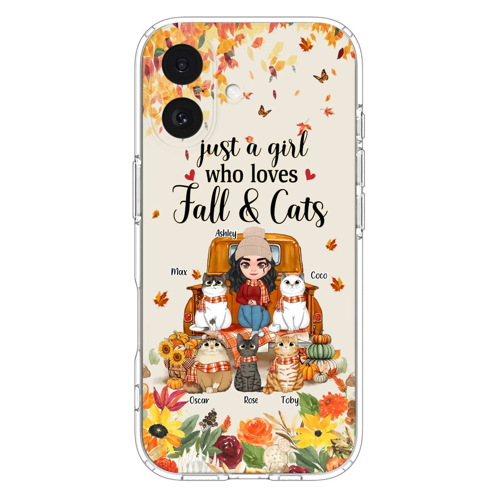 Custom Personalized Cat Mom Autumn Phone Case - Gift Idea For Cat Owners - Upto 5 Cats -  Case For iPhone/Samsung - Just A Girl Who Loves Fall & Cats
