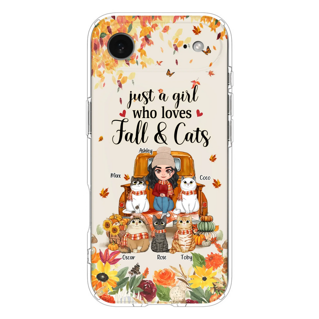 Custom Personalized Cat Mom Autumn Phone Case - Gift Idea For Cat Owners - Upto 5 Cats -  Case For iPhone/Samsung - Just A Girl Who Loves Fall & Cats