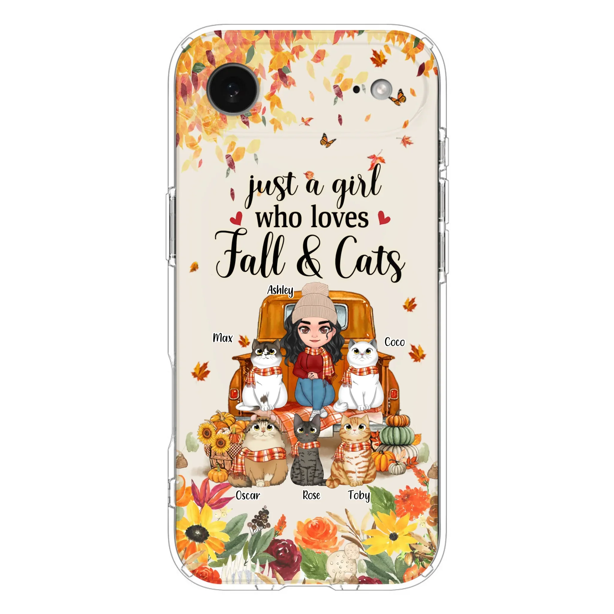 Custom Personalized Cat Mom Autumn Phone Case - Gift Idea For Cat Owners - Upto 5 Cats -  Case For iPhone/Samsung - Just A Girl Who Loves Fall & Cats