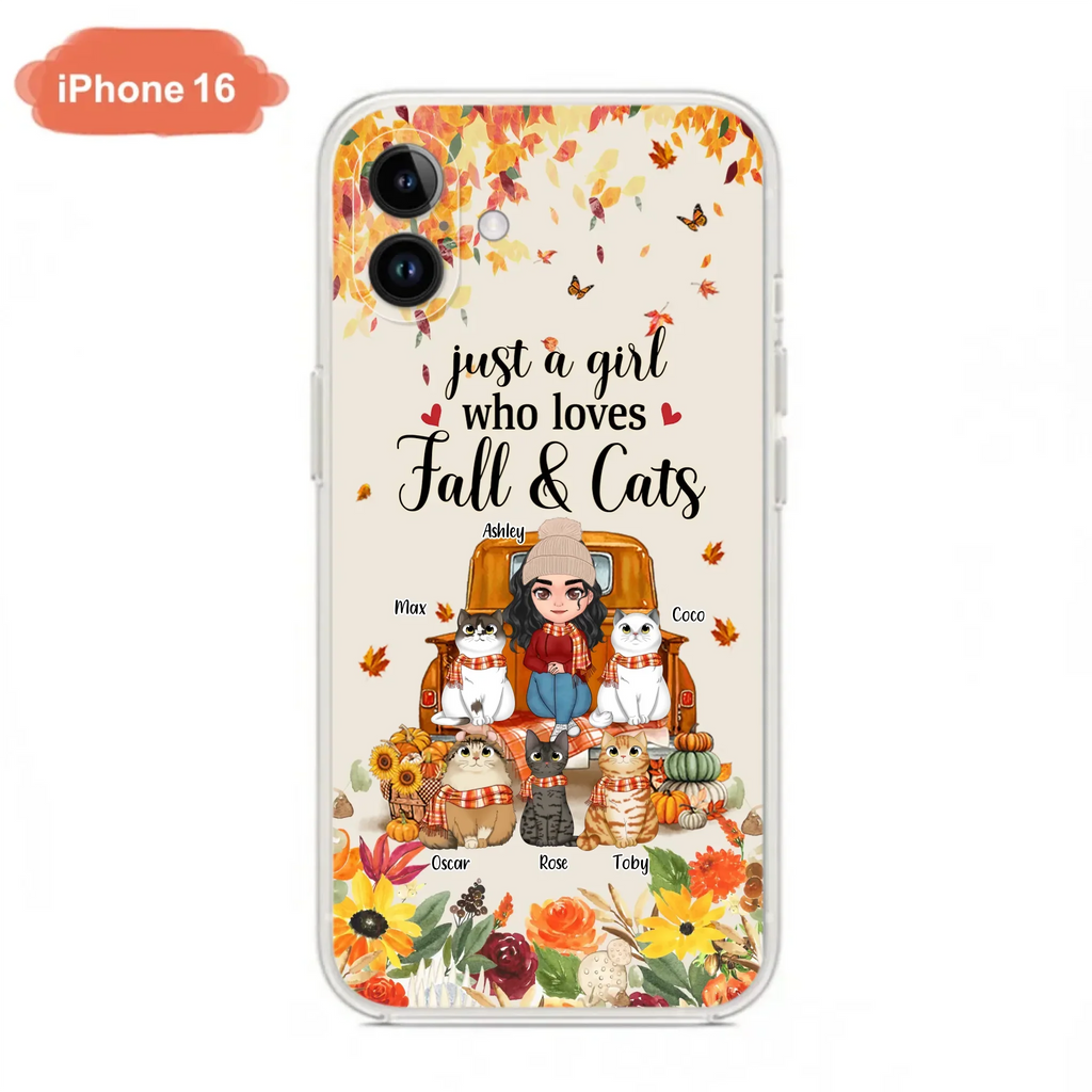 Custom Personalized Cat Mom Autumn Phone Case - Gift Idea For Cat Owners - Upto 5 Cats -  Case For iPhone/Samsung - Just A Girl Who Loves Fall & Cats