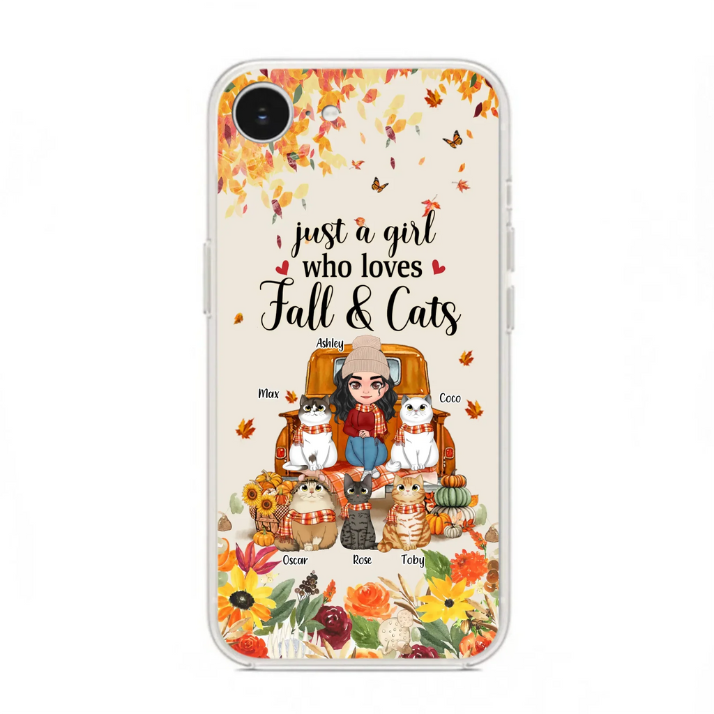 Custom Personalized Cat Mom Autumn Phone Case - Gift Idea For Cat Owners - Upto 5 Cats -  Case For iPhone/Samsung - Just A Girl Who Loves Fall & Cats