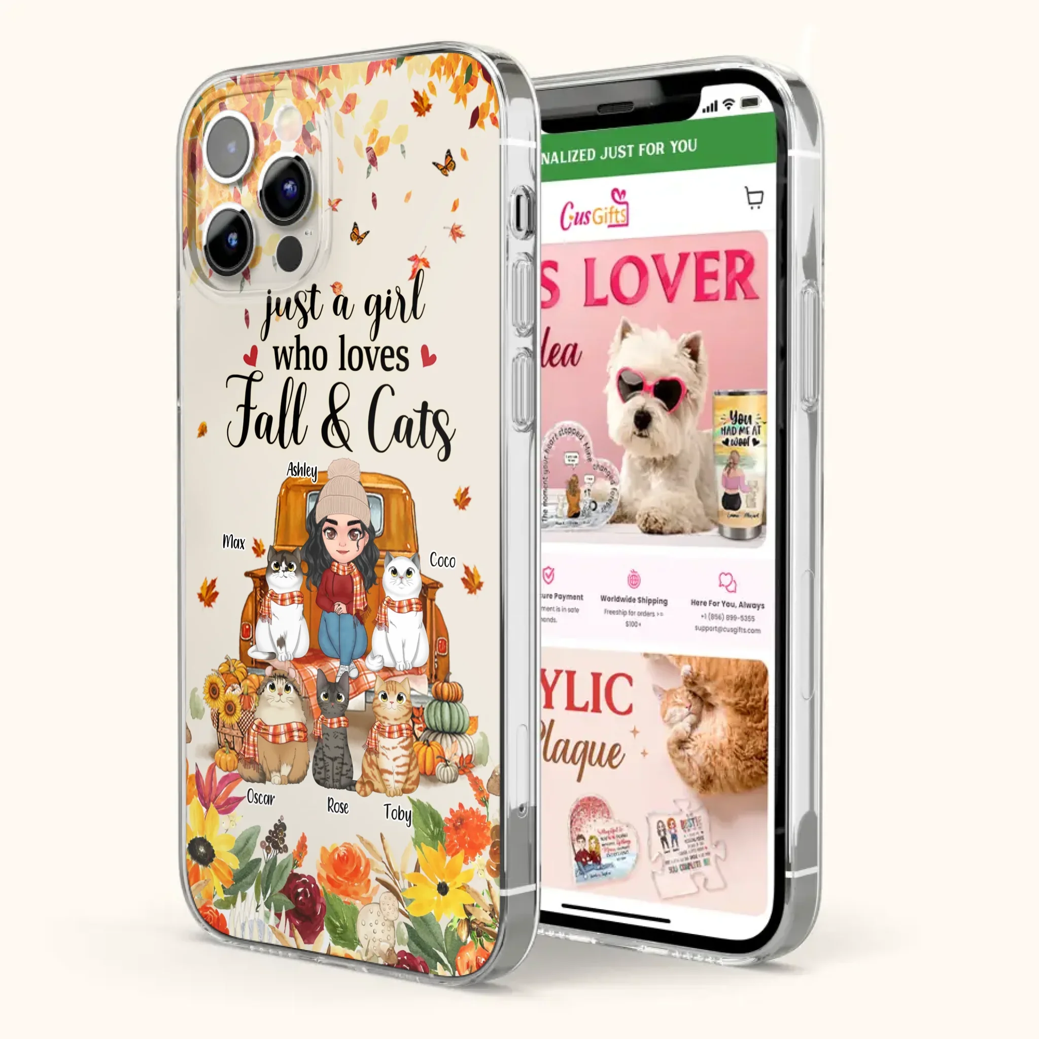 Custom Personalized Cat Mom Autumn Phone Case - Gift Idea For Cat Owners - Upto 5 Cats -  Case For iPhone/Samsung - Just A Girl Who Loves Fall & Cats