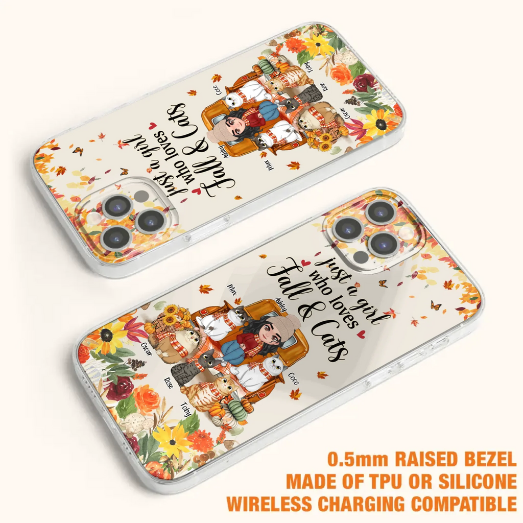 Custom Personalized Cat Mom Autumn Phone Case - Gift Idea For Cat Owners - Upto 5 Cats -  Case For iPhone/Samsung - Just A Girl Who Loves Fall & Cats