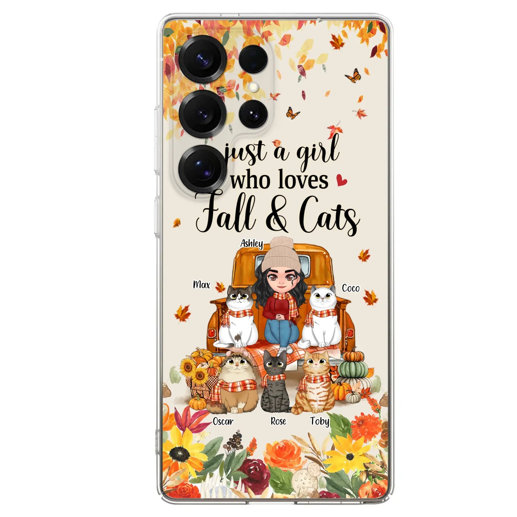 Custom Personalized Cat Mom Autumn Phone Case - Gift Idea For Cat Owners - Upto 5 Cats -  Case For iPhone/Samsung - Just A Girl Who Loves Fall & Cats