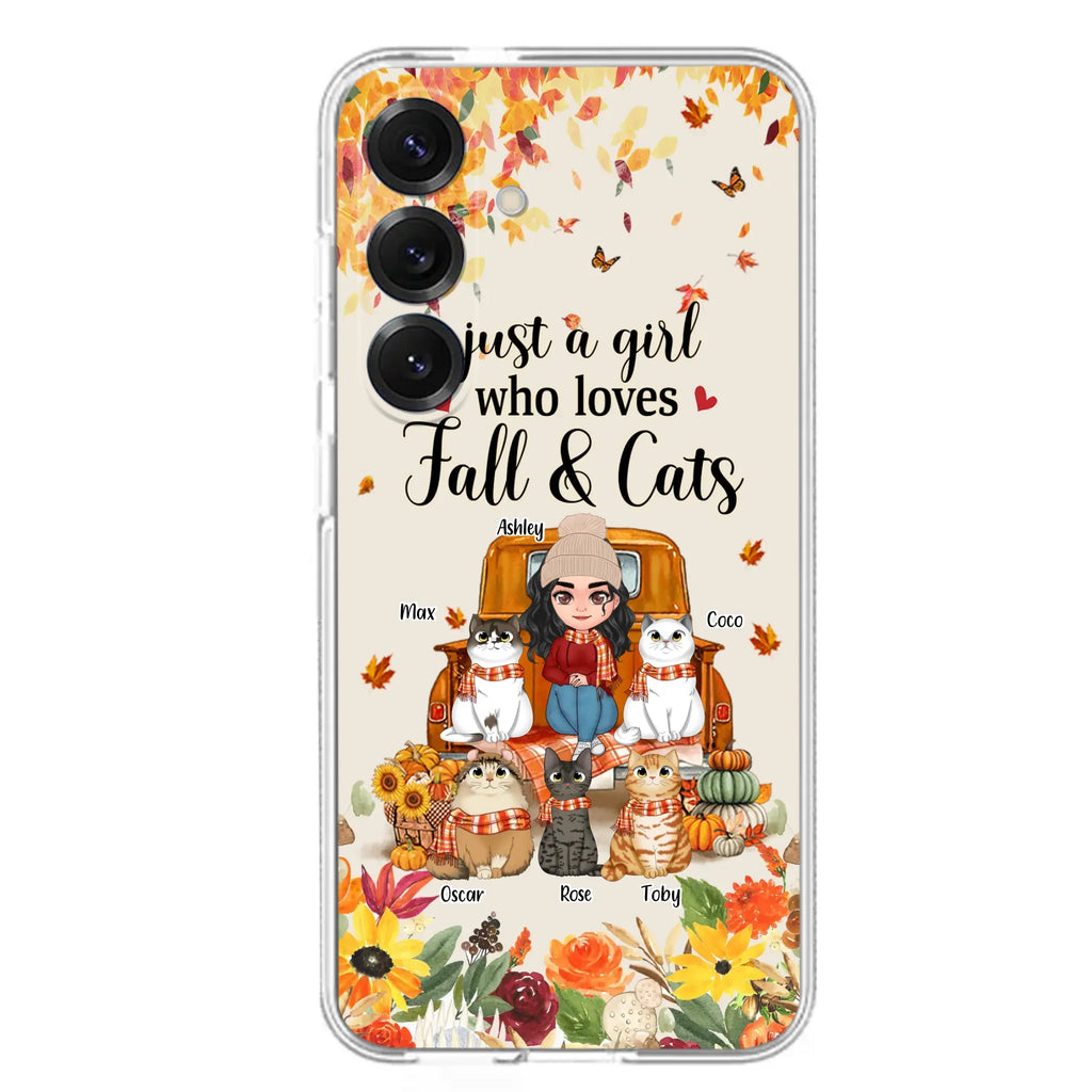 Custom Personalized Cat Mom Autumn Phone Case - Gift Idea For Cat Owners - Upto 5 Cats -  Case For iPhone/Samsung - Just A Girl Who Loves Fall & Cats