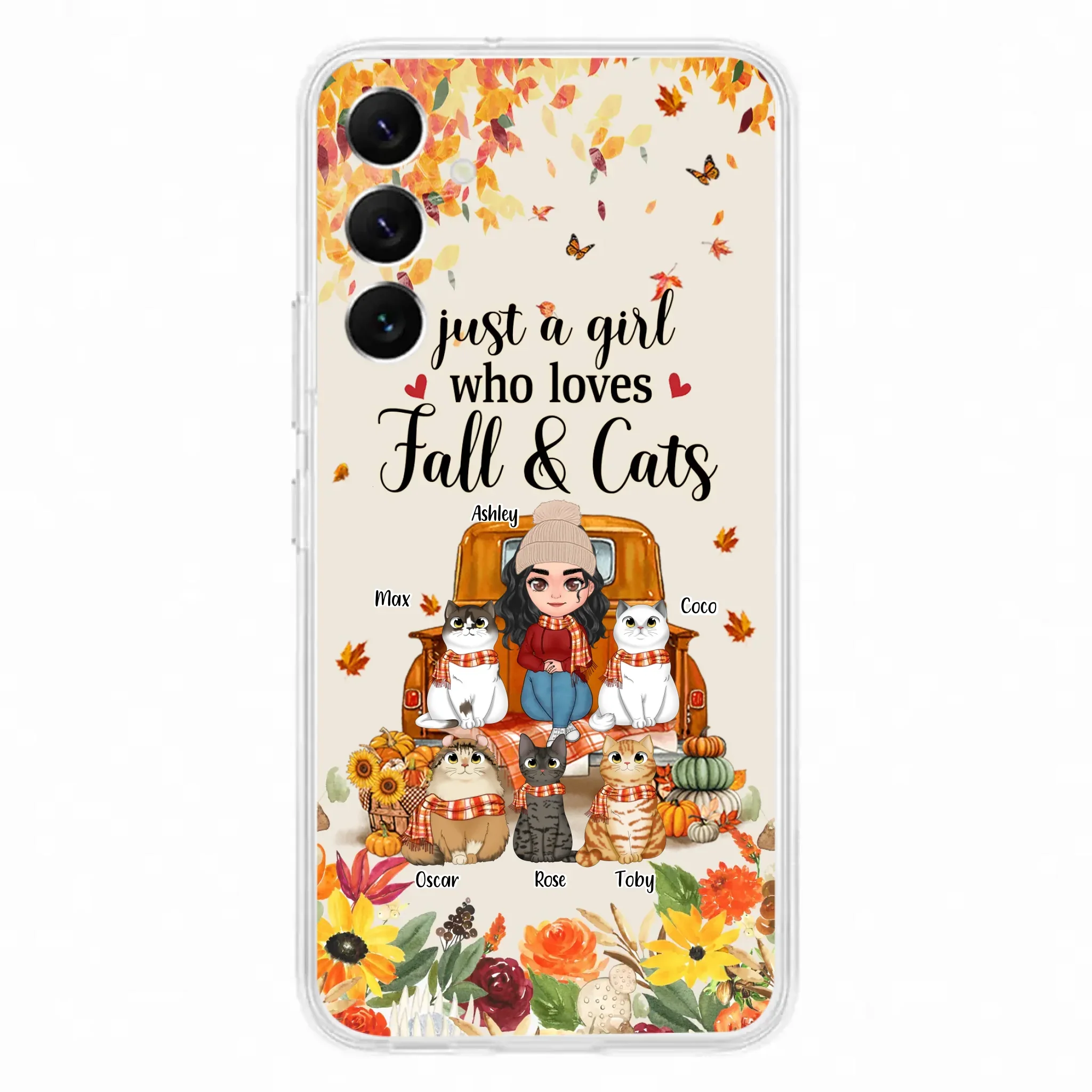Custom Personalized Cat Mom Autumn Phone Case - Gift Idea For Cat Owners - Upto 5 Cats -  Case For iPhone/Samsung - Just A Girl Who Loves Fall & Cats