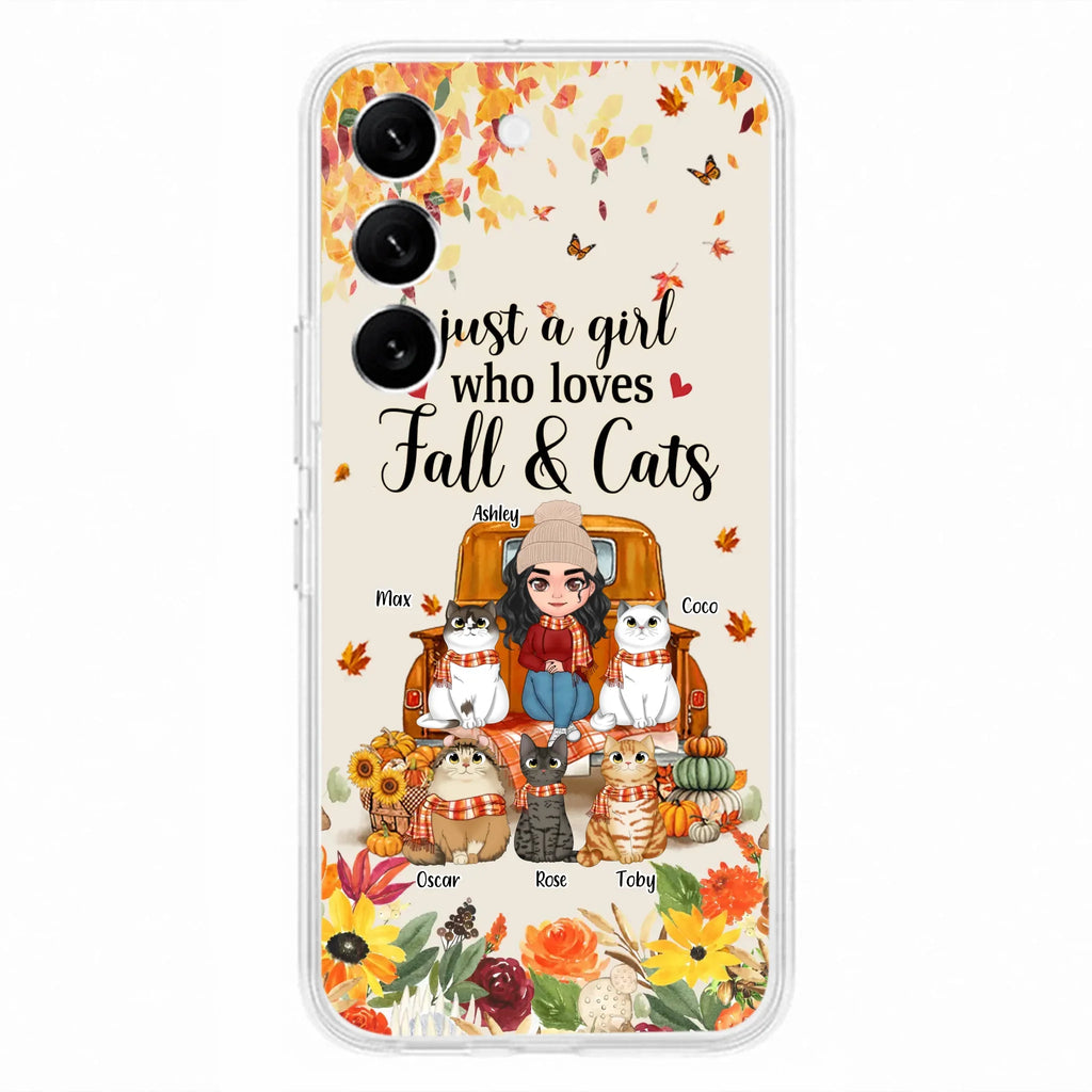 Custom Personalized Cat Mom Autumn Phone Case - Gift Idea For Cat Owners - Upto 5 Cats -  Case For iPhone/Samsung - Just A Girl Who Loves Fall & Cats