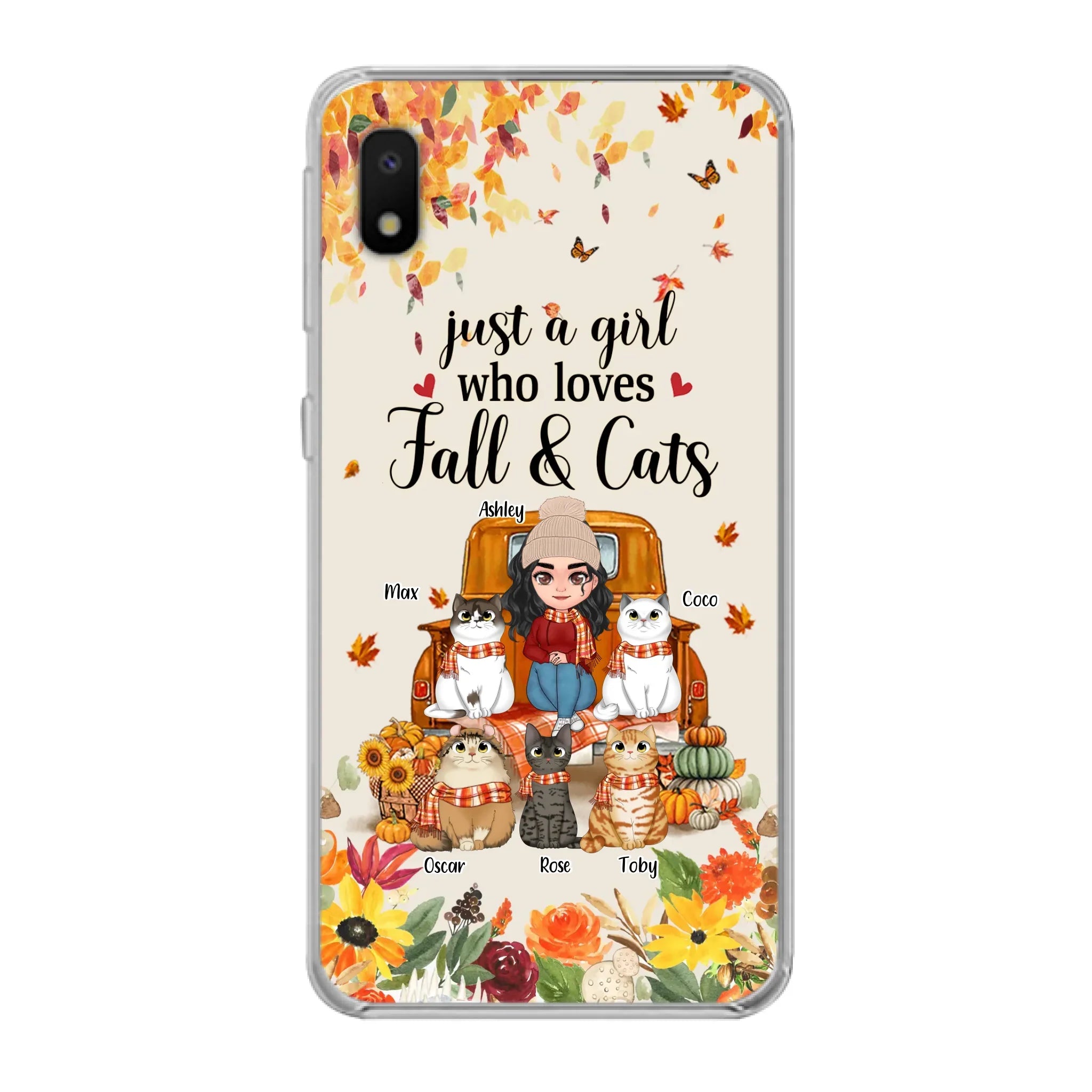 Custom Personalized Cat Mom Autumn Phone Case - Gift Idea For Cat Owners - Upto 5 Cats -  Case For iPhone/Samsung - Just A Girl Who Loves Fall & Cats