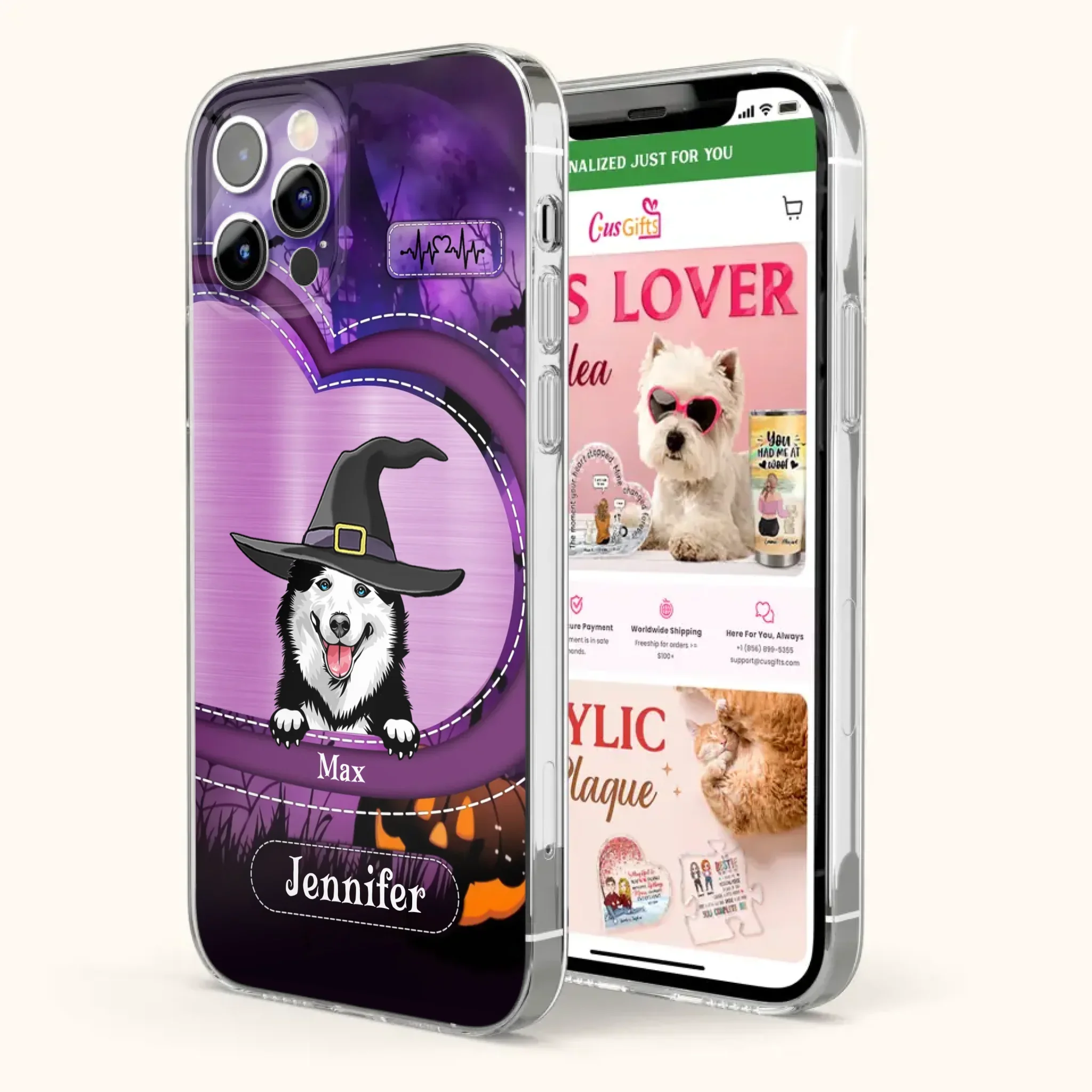 Custom Personalized Dog Halloween Phone Case - Gift Idea For Dog Lover/ Halloween - Upto 3 Dogs -  Case For iPhone/Samsung