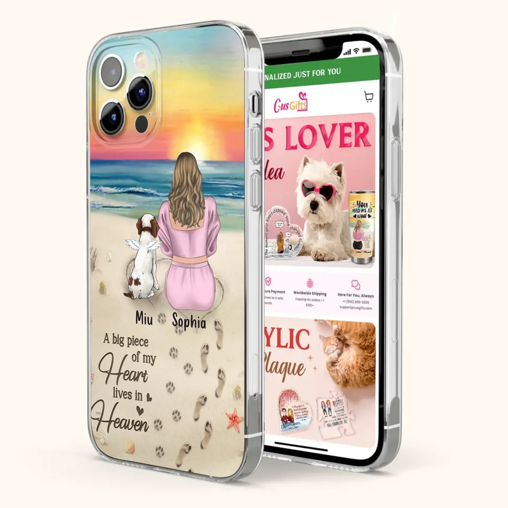 Custom Personalized Memorial Dog Mom Phone Case - Upto 3 Dogs - Memorial Gift Idea for Dog Owners - A Big Piece Of My Heart Lives In Heaven - Case for iPhone/Samsung