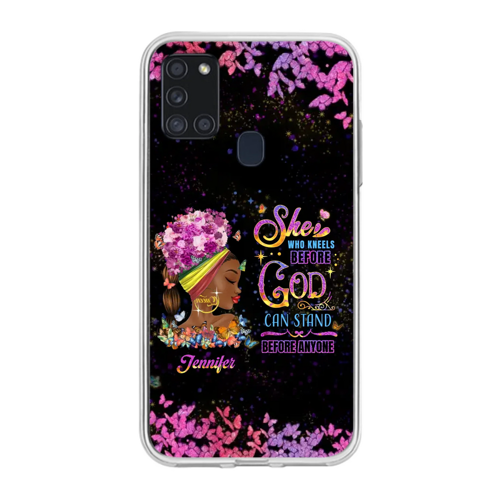 Custom Personalized Black Girl Phone Case - Gift Idea for Birthday/Friends - She Who Kneels Before God Can Stand Before Anyone - Case For iPhone/Samsung