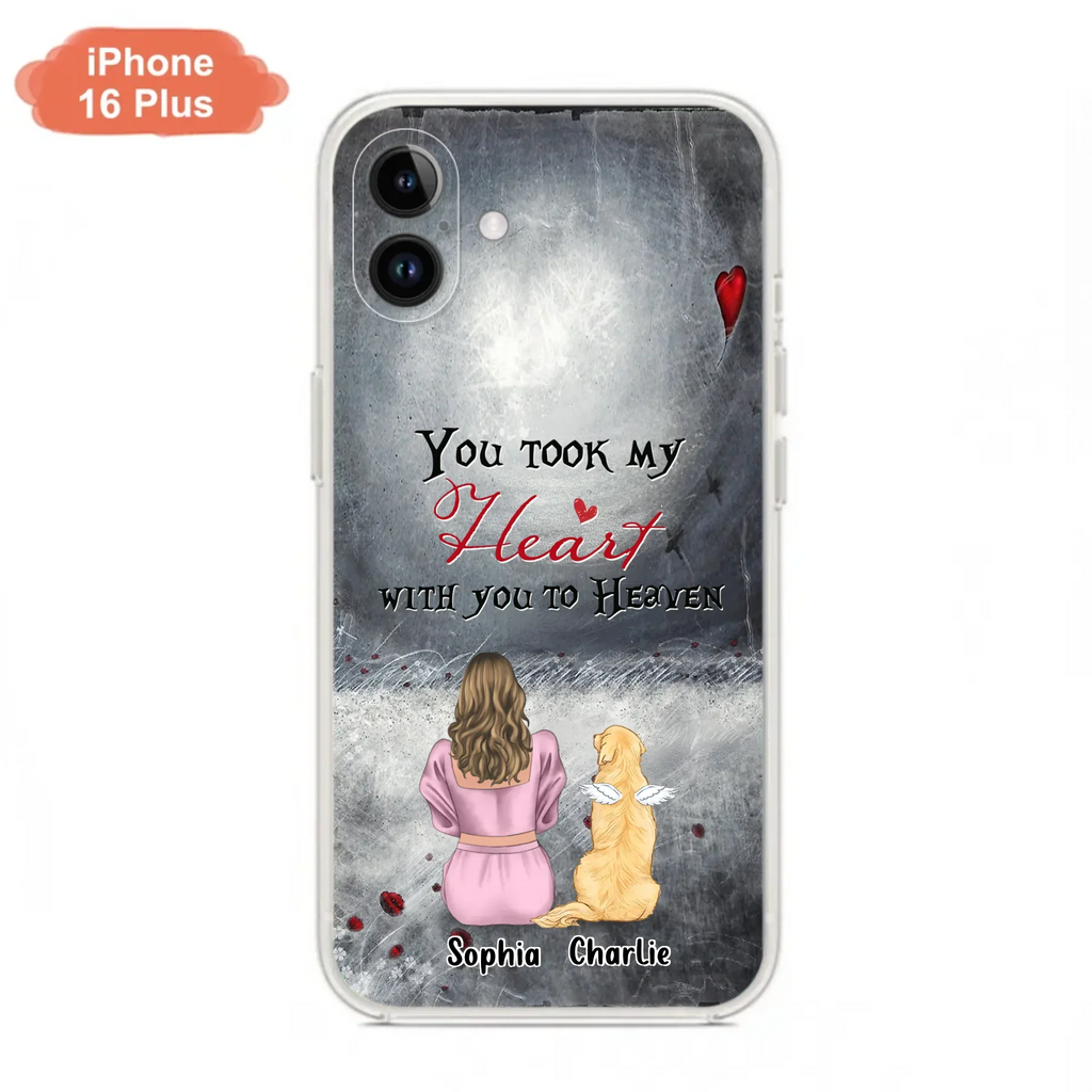 Custom Personalized Memorial Dog Mom Phone Case - Upto 5 Dogs - Memorial Gift Idea for Dog Lovers - You Took My Heart With You To Heaven - Case For iPhone And Samsung